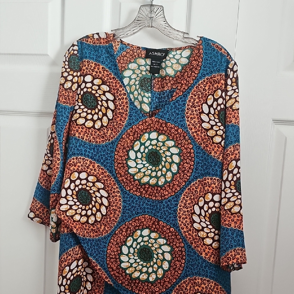 Ashro Blue and Orange Patterned Women's Blouse